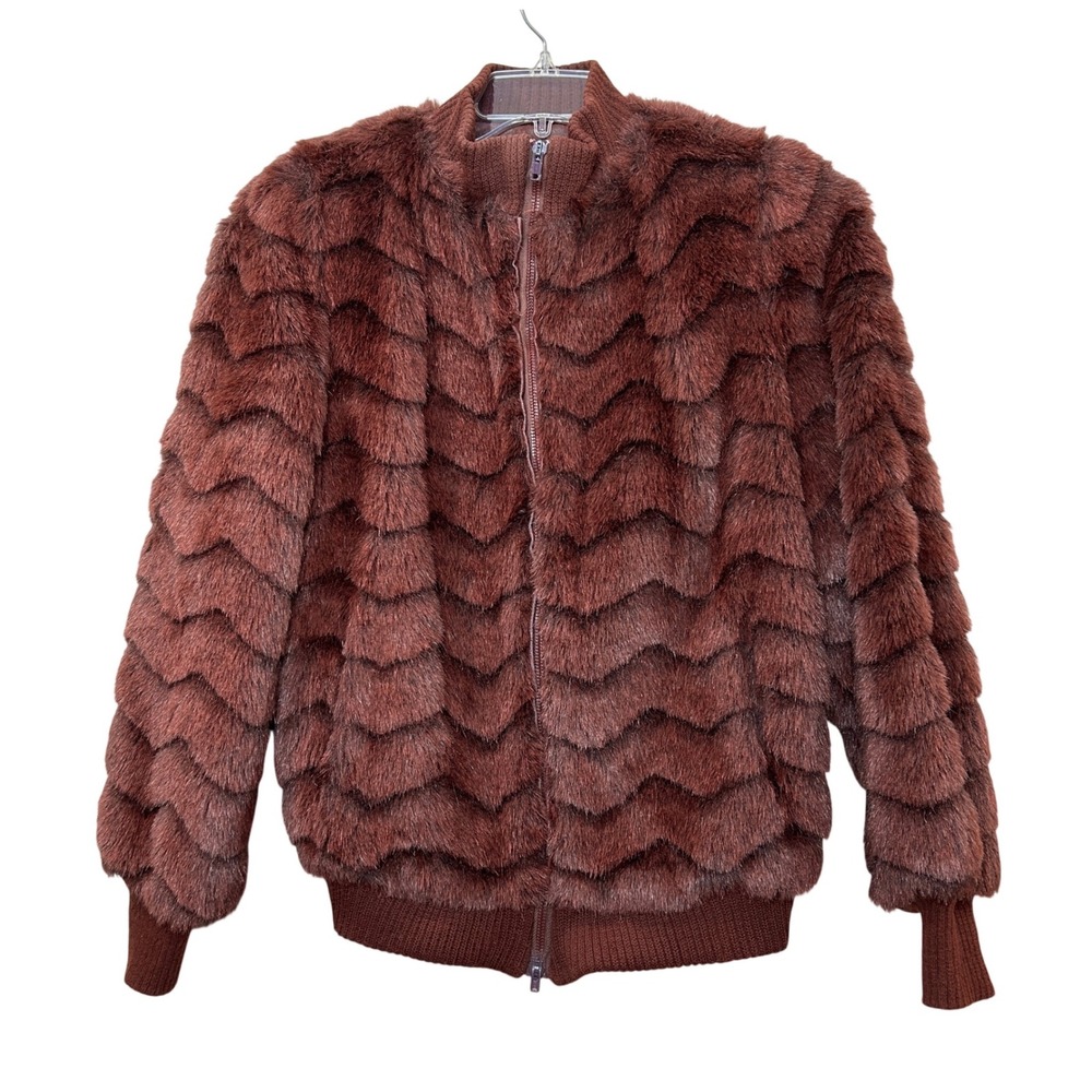 Jordache Faux Fur Bomber Jacket Womens 10 Brown Zig Zag  Chevron Vintage 80s USA